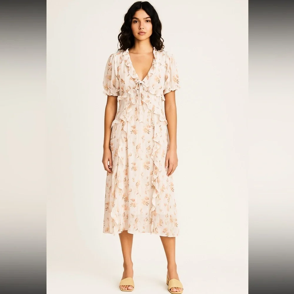 Storia Cream Floral Midi/Maxi Long Dress Bohemian Cottagecore Prairie XL